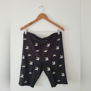 Black Bike Shorts with Pink Floral Embroidery